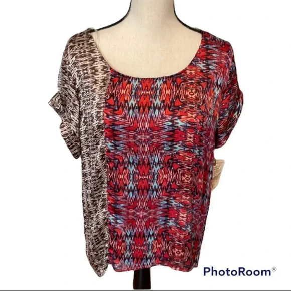 Democracy High Low Top Tunic Blouse Red Turquoise - Picture 1 of 6